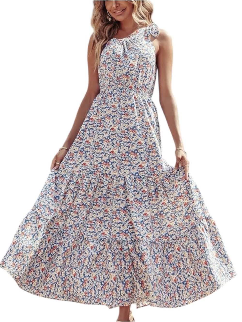 PrettyGarden Blue Boho Floral Tiered One Shoulder Maxi Dress Sz M Coastal Beach - Picture 12 of 12